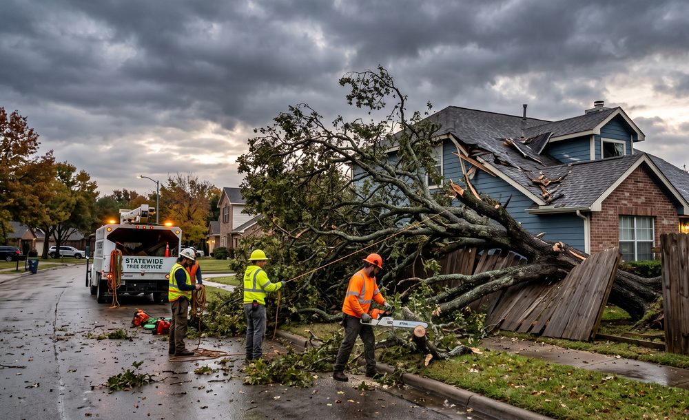 A crew clearing a storm-fallen tree from a home at first light